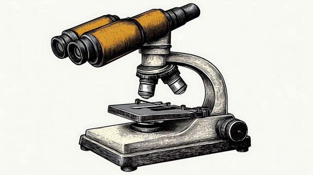 Detailed illustration of a vintage microscope with binoculars.