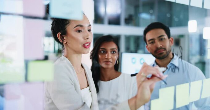 Business woman, discussion and writing with sticky notes for administration, laugh or strategy in office. People, training and planning with mentor for feedback, problem solving or upskill report