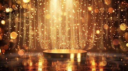 Obraz premium An empty stage podium placed on a shimmering golden backdrop, glowing lights casting warm highlights, evoking elegance and grandeur. 