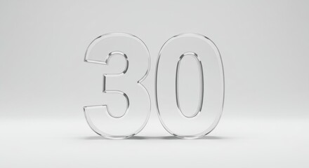 Clear Glass Number Thirty on White Background