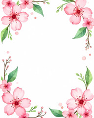 Fototapeta premium Soft watercolor-style floral frame with delicate peach-pink blossoms and gentle green leaves. Elegant botanical border design with a warm, glowing background.