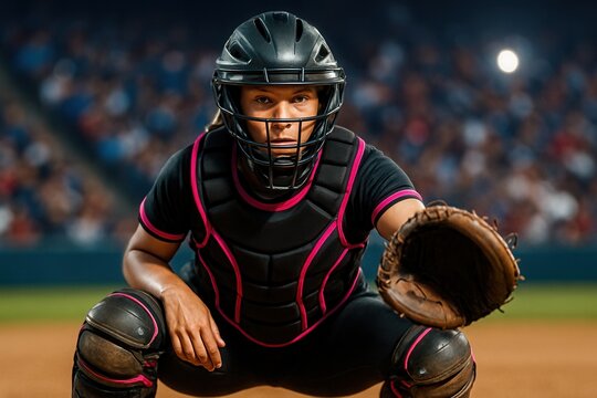 Female catcher in protective gear holds glove ready during intense baseball game - Powered by Adobe