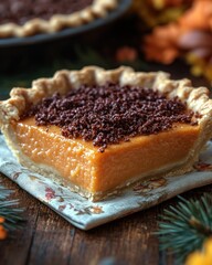 Close-up of a pumpkin pie slice with chocolate topping