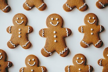 Festive gingerbread men cookies arranged on a white surface.  A delightful array of holiday treats