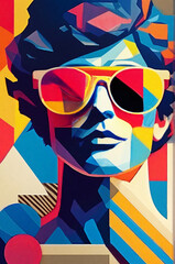 Obraz premium Contemporary bust of a classic statue reimagined in vibrant modern colors wearing stylish sunglasses set against an abstract geometric background capturing a playful summer vibe - Art Background with 