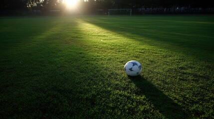 Obraz premium A soccer ball on the field under bright sunlight, casting a shadow on the perfectly trimmed grass