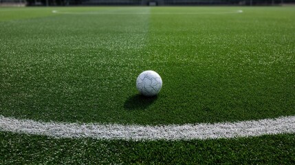 A soccer ball placed neatly at the center circle on an empty field, the lines perfectly marked on the turf