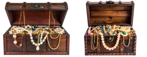 Open Treasure Chest Overflowing with Sparkling Jewelry, isolated on transparent background PNG
