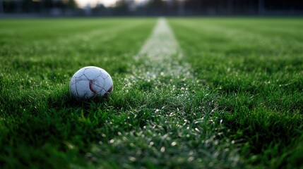 A soccer ball sitting perfectly in the middle of a well-manicured field, ready for the start of a match