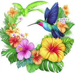 Watercolor tropical flowers and hummingbirds, clipart with a white background.