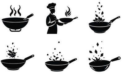 Wok in Use Silhouette Set – Vector Cooking Utensil Illustrations of Stir Fry, Asian Kitchen Tools, and Hot Pan Action for Culinary Design Projects