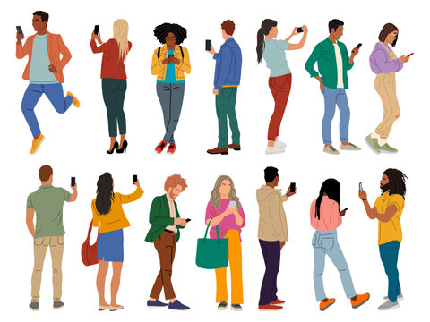Set of different people using gadgets. Business men and women holding smartphones, texting, talking, taking picture. Group of male, female cartoon characters Vector realistic illustrations.