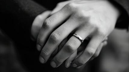 Black and white close-up of hands joined with wedding bands, timeless and emotional