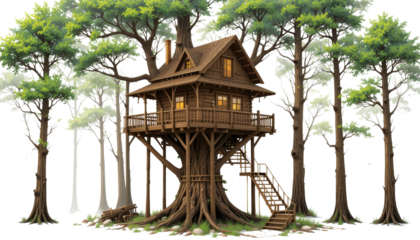Enchanting treehouse adventure serene forest digital art lush environment elevated perspective imagination and retreat for kids and adults