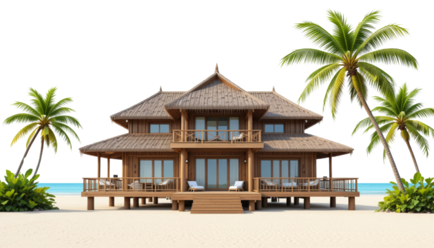 Relaxing beachfront villa tropical island real estate photography serene environment front view luxury living concept for holiday getaways