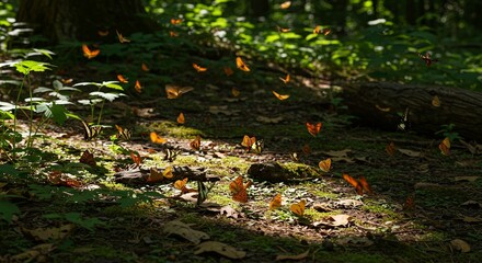 Enchanting Forest Scene Numerous Butterflies in Sunlight Dappled Path