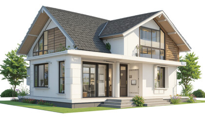 Modern two-story house design suburban area 3d render residential environment front view architectural elegance for contemporary living