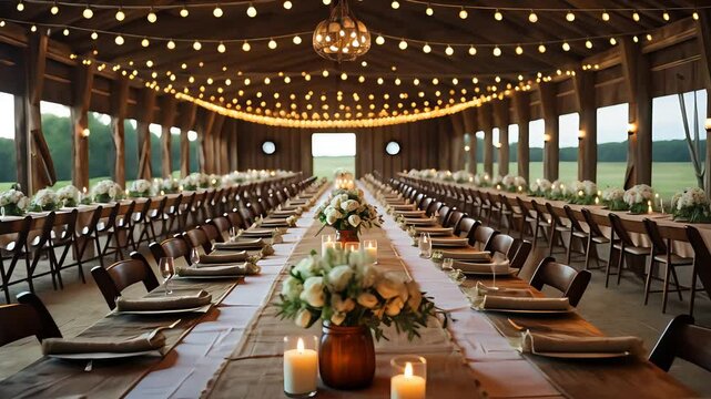 Elegant rustic barn set for a wedding reception with long wooden tables, white floral centerpieces, candles, and warm string lights overhead

