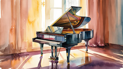 Elegant grand piano bathed in sunlight, showcasing a beautiful watercolor illustration of a musical setting