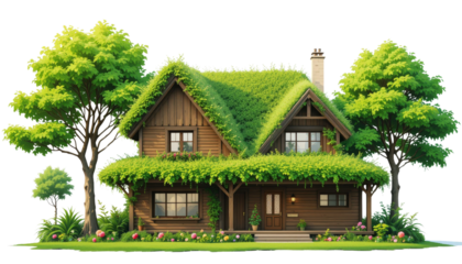 Eco-friendly house surrounded by lush greenery idyllic setting digital artwork vibrant nature front view sustainable living concept