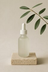Minimalist botanical skincare bottle with dropper on stone platform