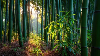 Fototapeta premium Calm bamboo forest during golden hour, warm sunlight casting soft glows on green trunks