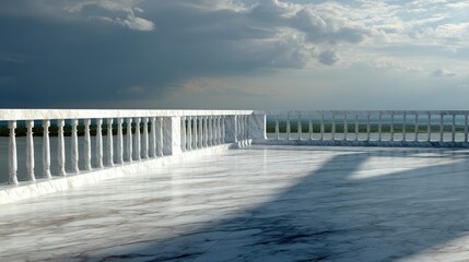 Calm scene of a marble terrace and a cloudy sky, the natural light casting a gentle shadow across the floor