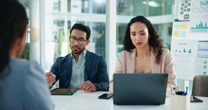 Collaboration, colleagues and people with laptop, research and brainstorming for project in boardroom. Marketing, team and group with notes for ad campaign, graph and planning with ideas in business