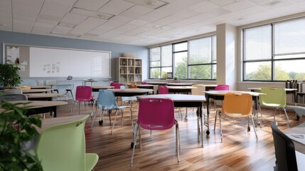 Classroom with collaborative desk clusters and color-coordinated chairs, no students
