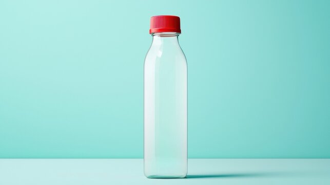 A clear plastic bottle with a red cap stands upright on a light blue surface.