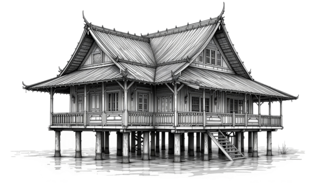 Traditional wooden house with unique architecture tranquil waterfront black and white illustration asian style perspective view cultural heritage and design
