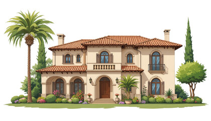 Obraz premium Stunning mediterranean villa design coastal area digital artwork lush garden front view architectural elegance for homeowners