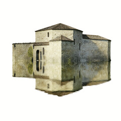 Ancient Stone Castle Reflected in Calm Water,