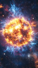 A majestic celestial body erupts, showcasing radiant energy and cosmic splendor against a vibrant space backdrop, igniting awe and wonder.