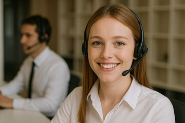 Happy Blonde Customer Support Agent in Office Environment