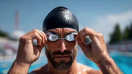 Close-up of a male swimmer adjusting his goggles, wearing a cap, standing on the poolside ready to dive