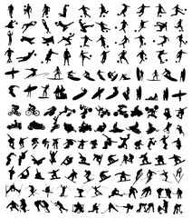Naklejka premium Diverse Sports Silhouette Collection Pack: A dynamic array of sport silhouettes, showcasing various activities from football to surfing, snowboarding to cycling, capturing movement and energy.