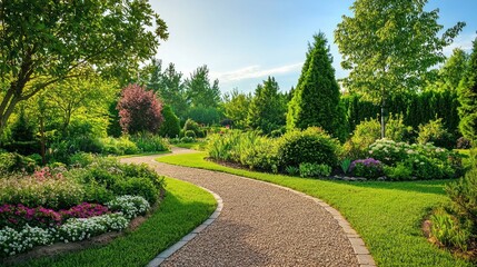 A serene garden path winding through a lush, green landscape with a variety of trees and shrubs, leading to a tranquil pond in the distance.