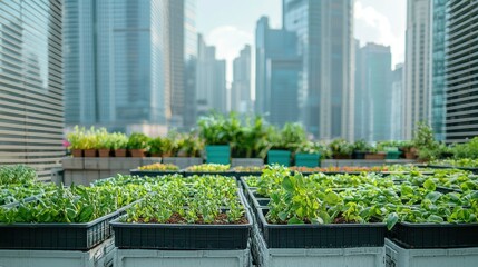 A rooftop garden with various plants and vegetables growing in black plastic crates, with a city skyline in the background.