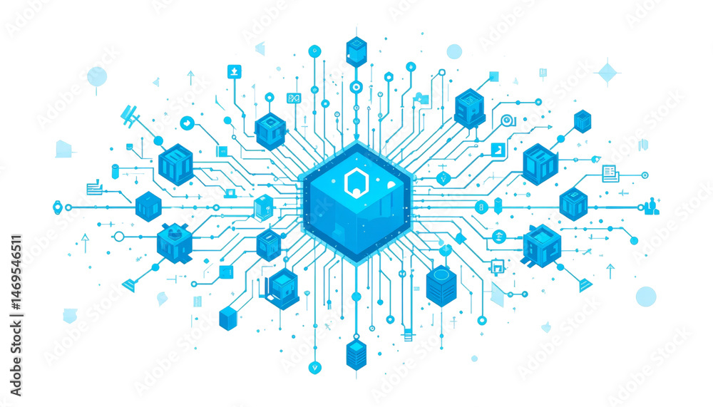 Poster innovative technology integration digital environment infographic design modern workspace aesthetic 