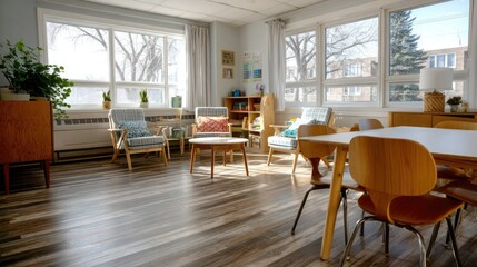 Obraz premium Cozy classroom space with wood flooring and mid-century modern furniture, ready for use