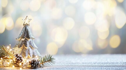 Bright silver backdrop with soft bokeh light effects, glowing gently to enhance the festive and celebratory Christmas mood.  