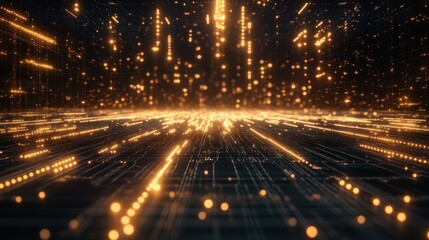 Abstract digital network with golden particles flowing over a dark circuit board background.