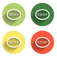 Set Bar of soap icon isolated with long shadow background. Soap bar with bubbles. Color circle button. Vector