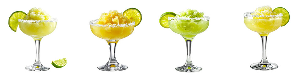 Variety of Frozen Margaritas with Lime Wedges and Salt Rim on Black Background PNG set Transparent background