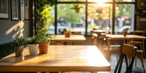 Cozy cafe interior with sunlight and plants during afternoon