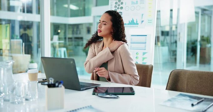 Business, woman and shoulder pain at laptop with massage, sore and bad posture in office. Accountant, typing or back injury at tech for overworked, uncomfortable chair or burnout for audit deadline
