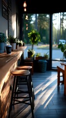 Cozy interior of a cafe with natural light at sunset