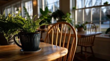 Fototapeta premium Cozy indoor setting with plants and natural light during evening