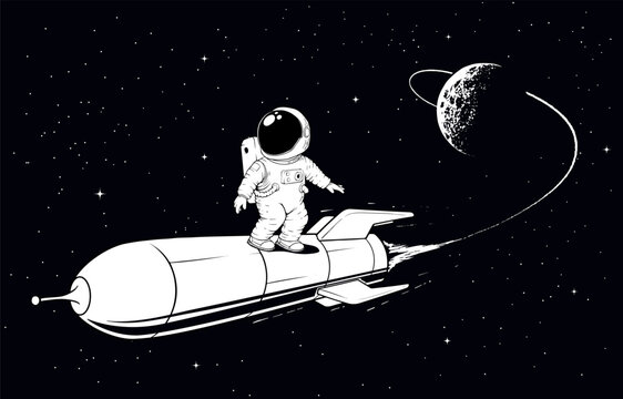 An astronaut on the rocket flies from Moon orbit into outer space. Spaceman riding a rocket travels around the universe.Cosmonaut returns from new planet. Hand drawn vector illustration about adventur